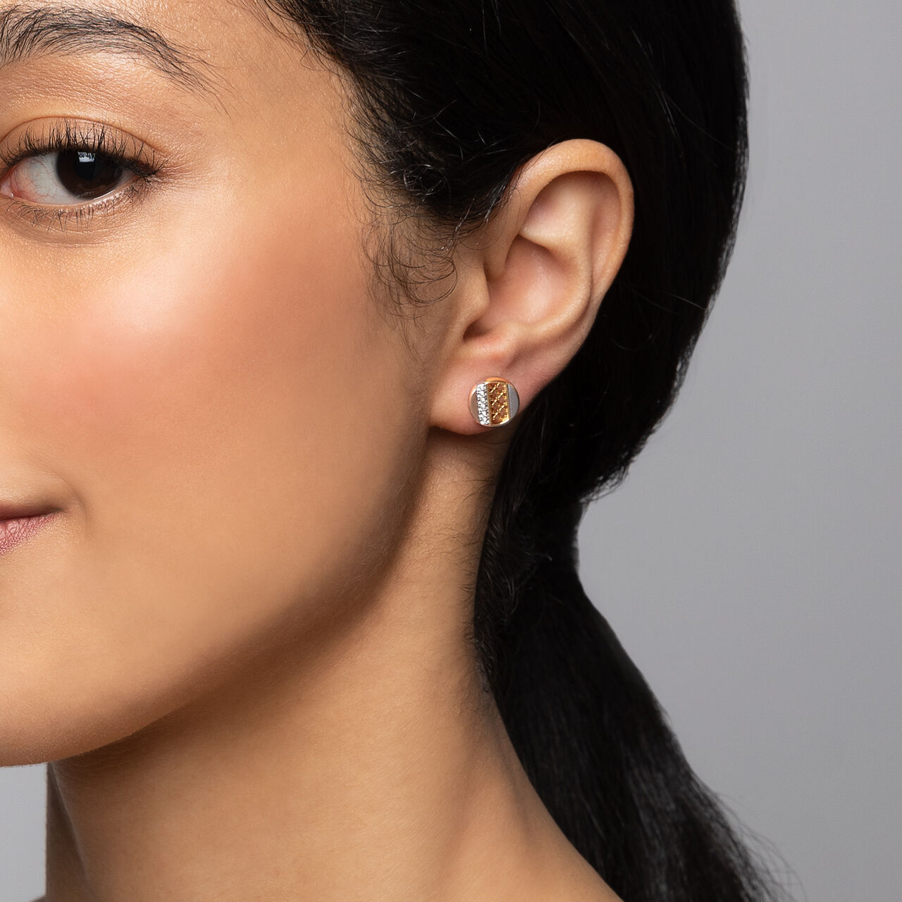 Birks Dare to Dream earrings featuring diamond-set circle motifs in white, yellow, and rose gold image number 2